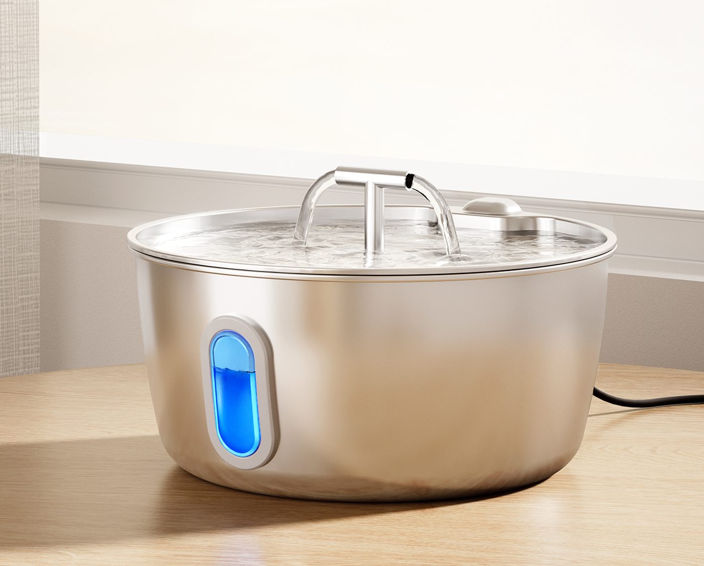 DIANU stainless steel cat water fountain on a kitchen counter